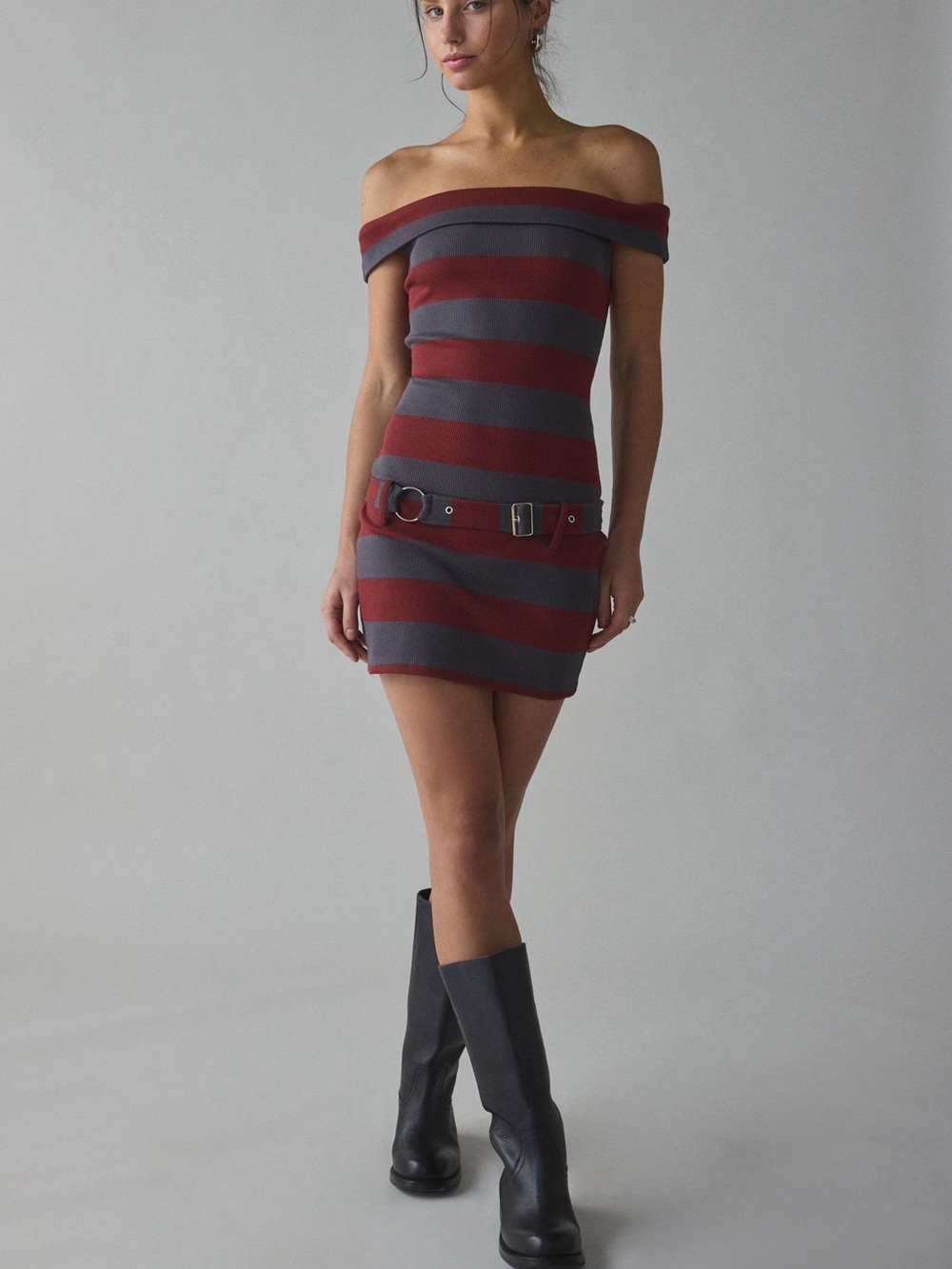 NWT The Ragged Priest Off-Shoulder Striped Mini Dress in Burgundy and Gray